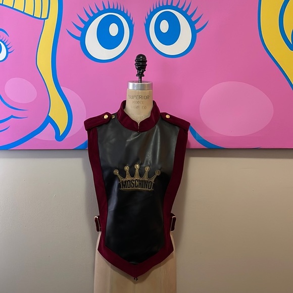 Moschino Cheap Chic Black Faux Leather Velvet Trim Vest